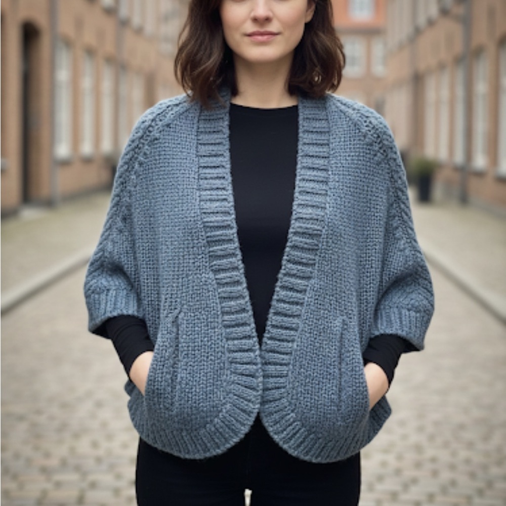 DKNY blue sweater wool cape